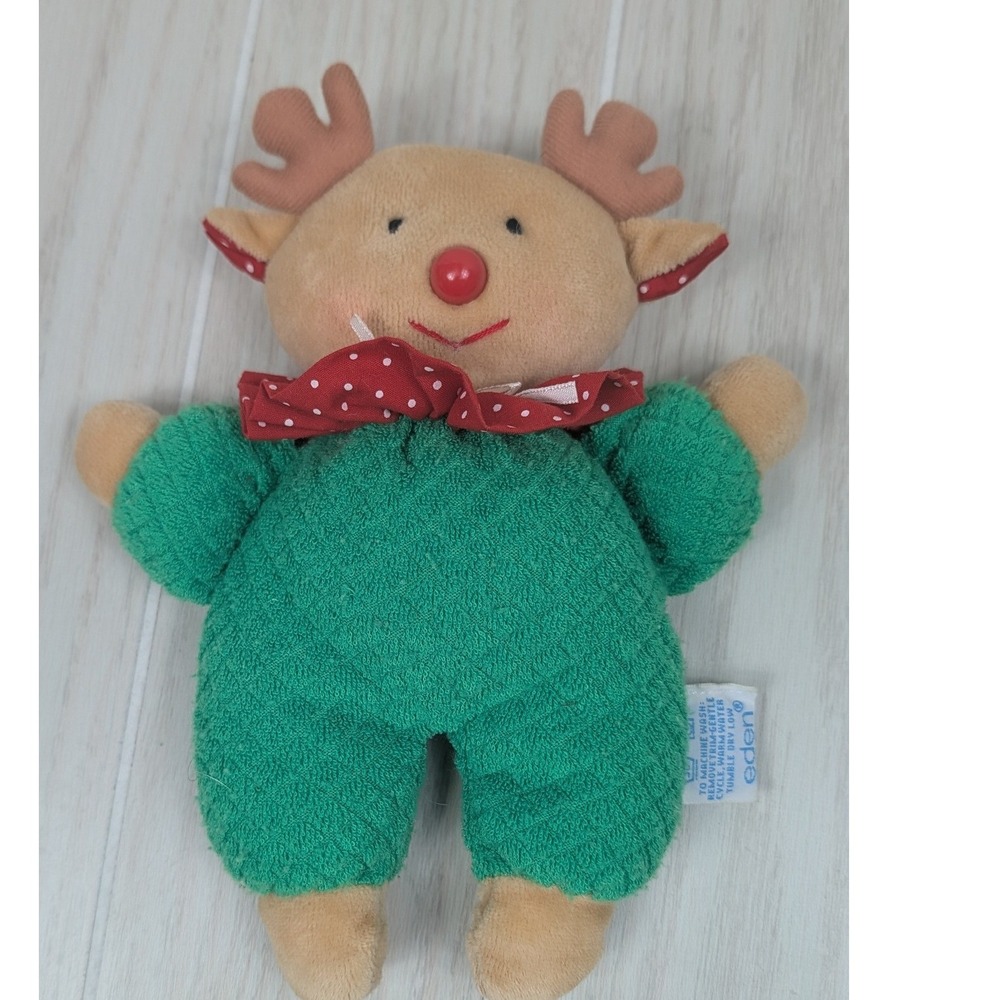 Eden Plush Reindeer Baby Rattle 8" Green Terrycloth Red Nose Polka Dot Collar